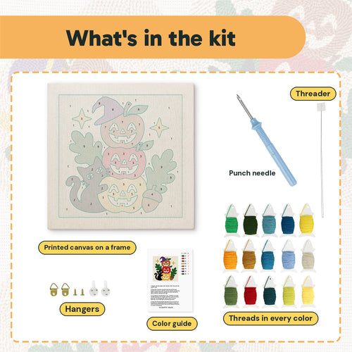 What is in the Apple Pumpkin Stack kit: printed canvas, punch needle, threader, threads, color guide and hangers