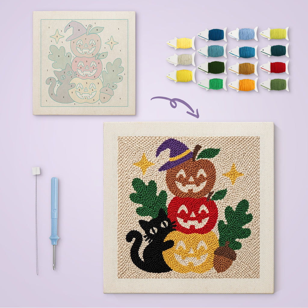 Apple Pumpkin Stack canvas before and after punching, with the threads and tools