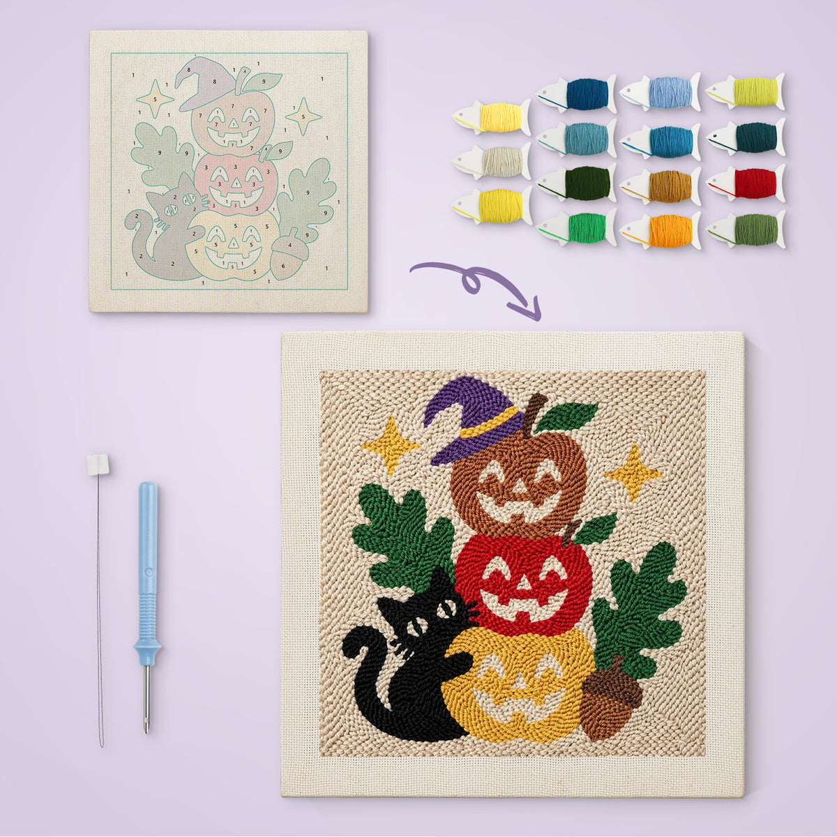 Apple Pumpkin Stack canvas before and after punching, with the threads and tools
