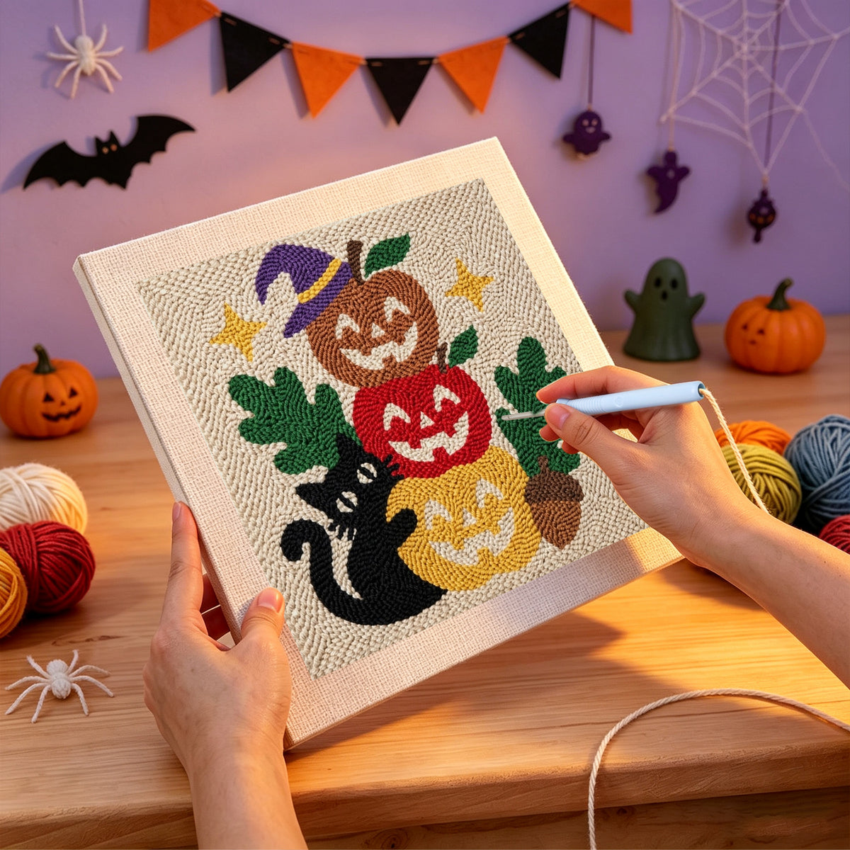 Punching the Apple Pumpkin Stack design with the punch needle