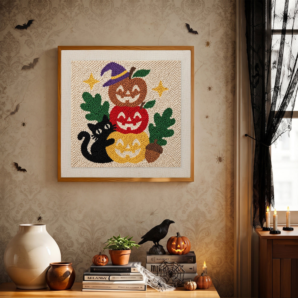 Finished Apple Pumpkin Stack punch needle canvas on a wall