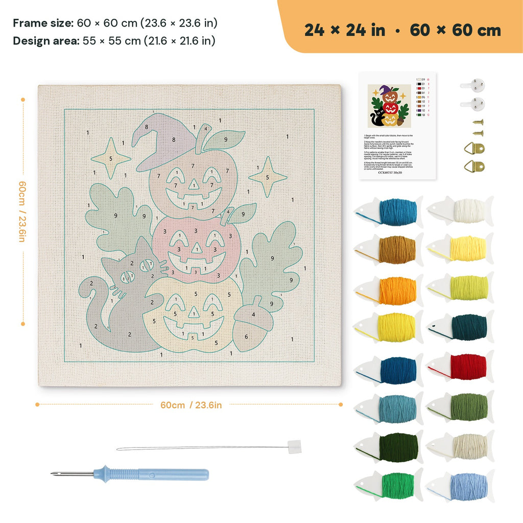 Apple Pumpkin Stack punch needle kit, 24 × 24 in (60 × 60 cm): canvas size and kit contents