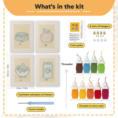 What is in the Apple Salad Jar set: 4 printed canvases, punch needle, threader, threads, color guide and 4 sets of hangers (6 × 8 in (15 × 20 cm) each)