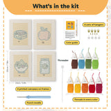 What is in the Apple Salad Jar set: 4 printed canvases, punch needle, threader, threads, color guide and 4 sets of hangers (6 × 8 in (15 × 20 cm) each)