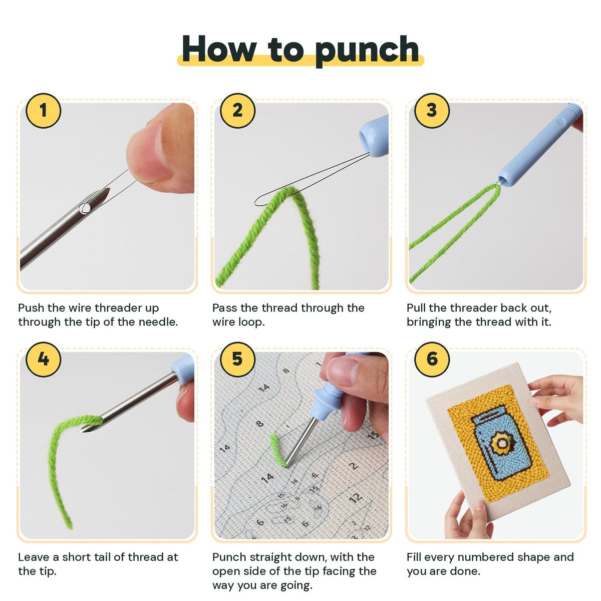Six steps showing how to thread and use the punch needle