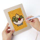 Punching a Apple Salad Jar mini canvas with the punch needle