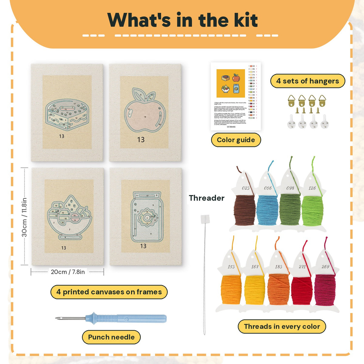 What is in the Apple Salad Jar set, 8 × 12 in (20 × 30 cm) each: 4 printed canvases, punch needle, threader, threads, color guide and 4 sets of hangers