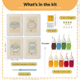 What is in the Apple Salad Jar set, 8 × 12 in (20 × 30 cm) each: 4 printed canvases, punch needle, threader, threads, color guide and 4 sets of hangers