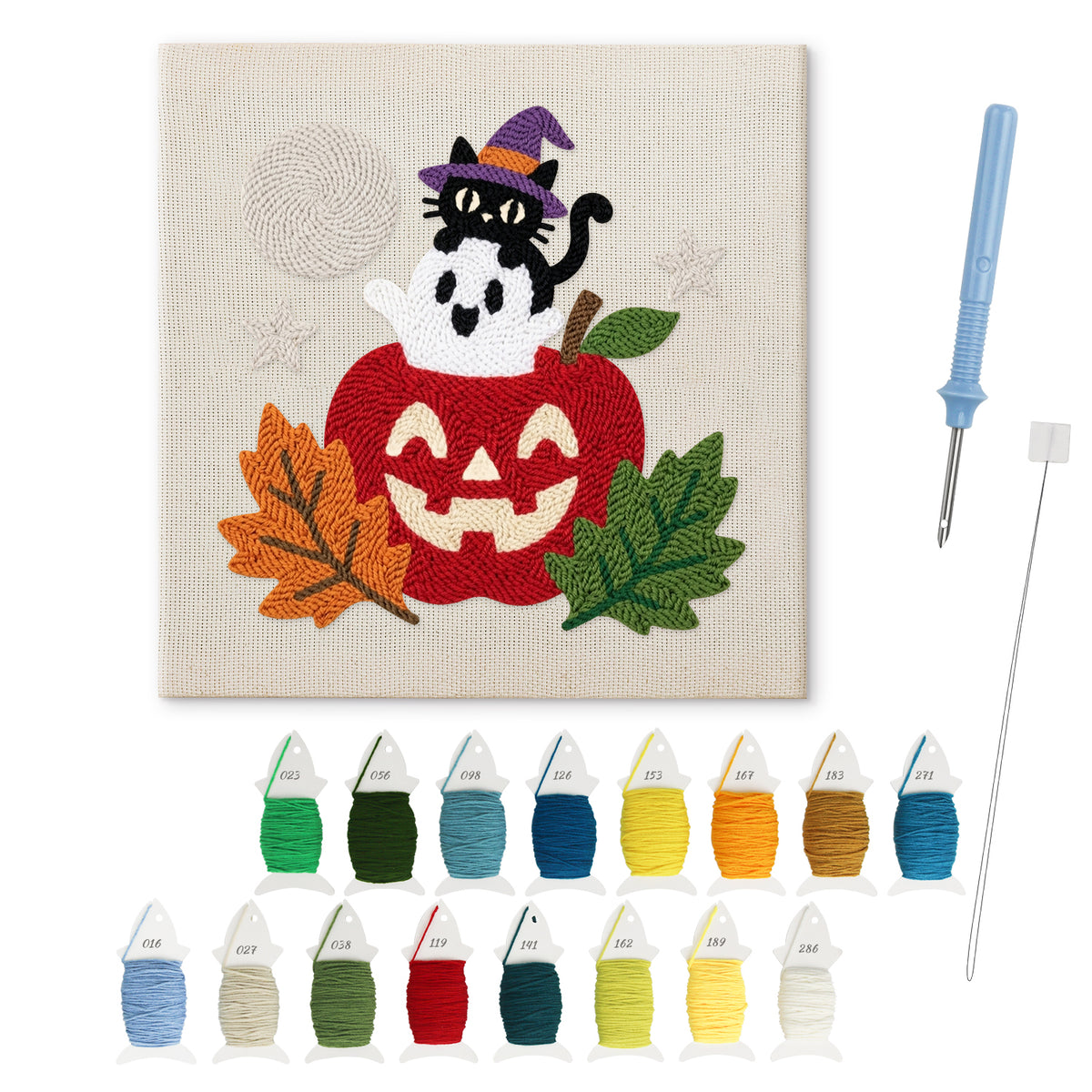 Apple Stack Friends punch needle kit: finished canvas with threads, punch needle and threader