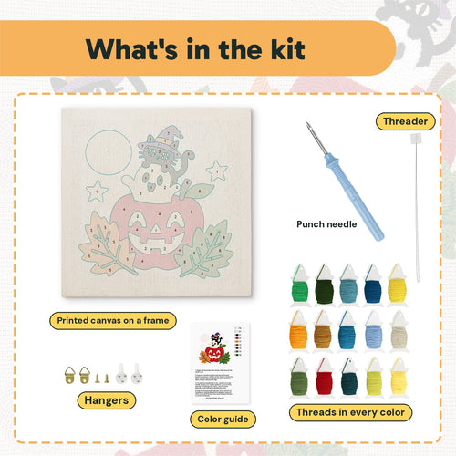 What is in the Apple Stack Friends kit: printed canvas, punch needle, threader, threads, color guide and hangers