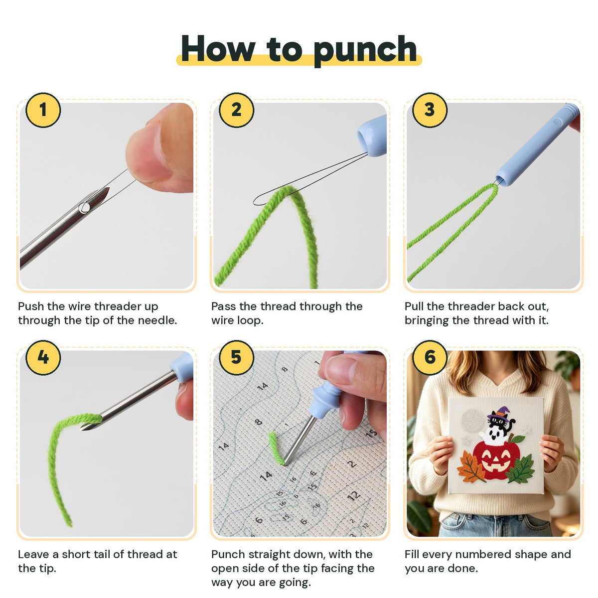 Six steps showing how to thread and use the punch needle