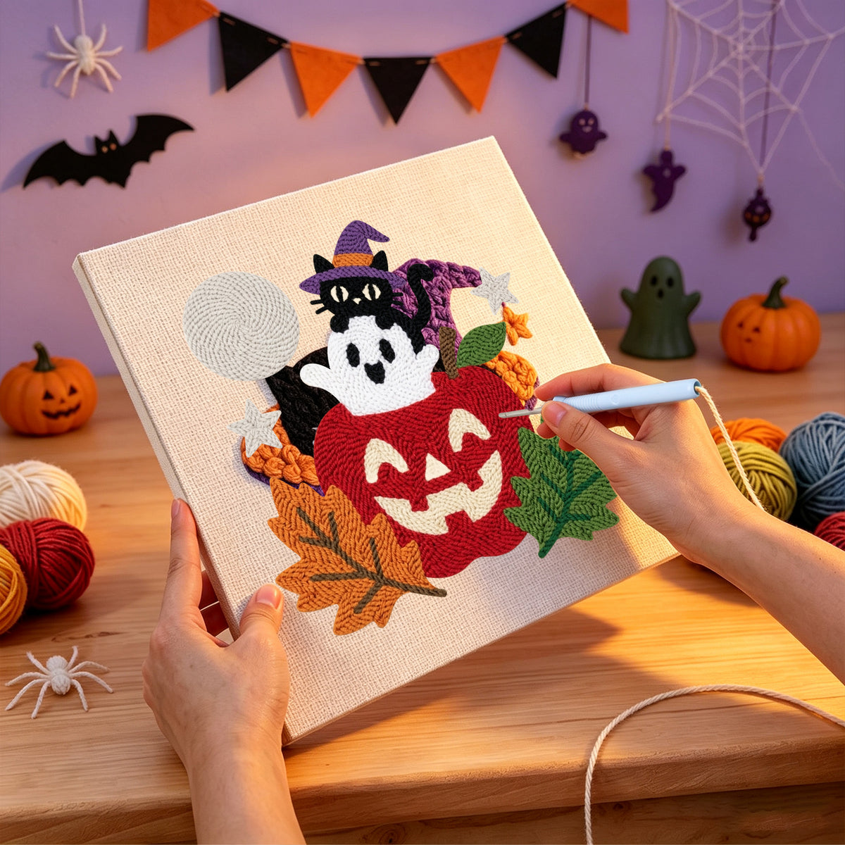 Punching the Apple Stack Friends design with the punch needle