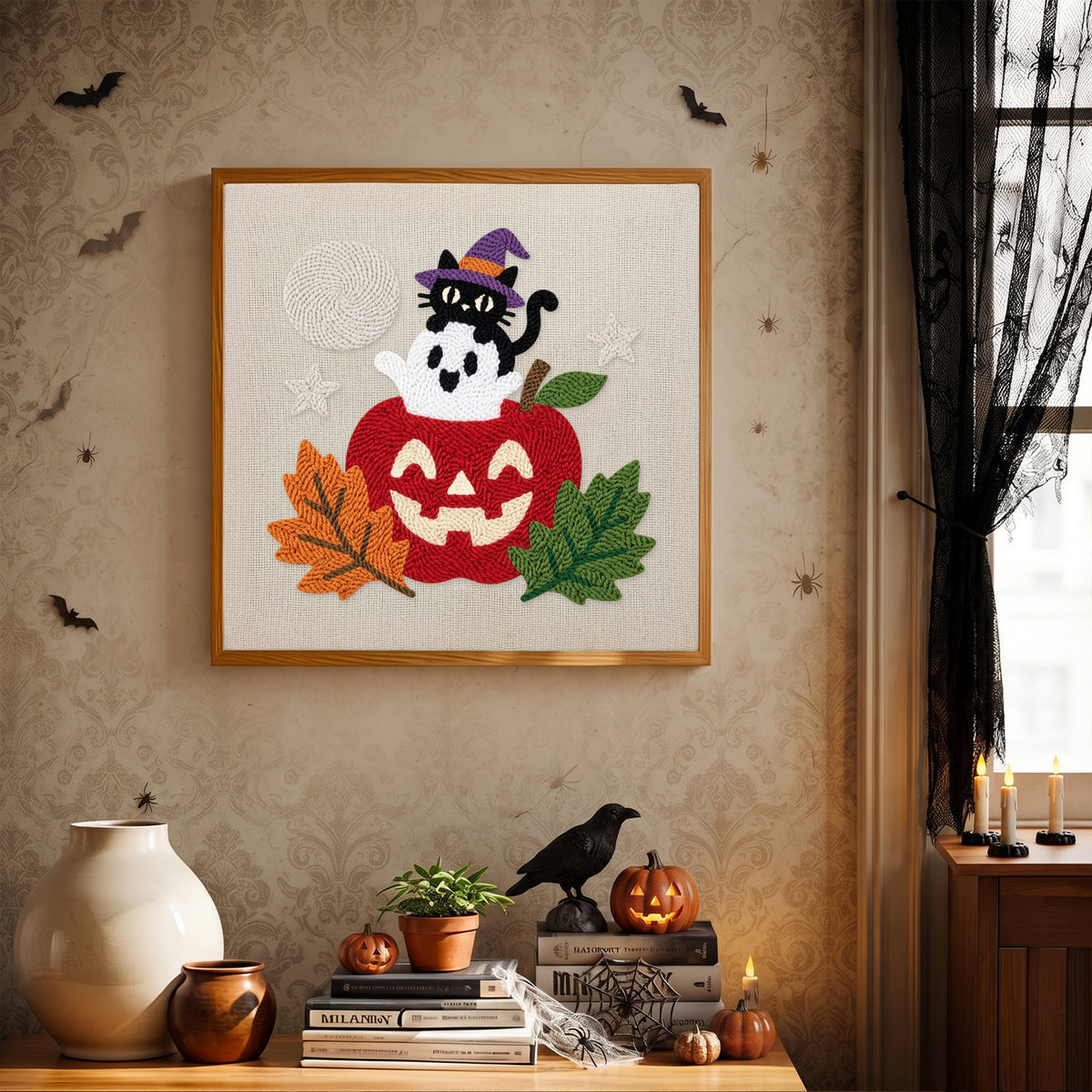 Finished Apple Stack Friends punch needle canvas on a wall