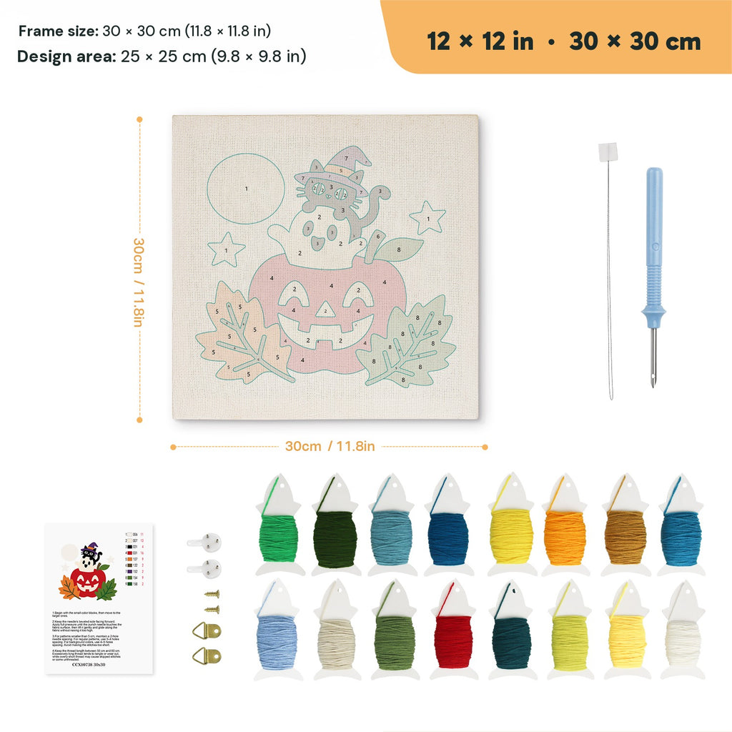 Apple Stack Friends punch needle kit, 12 × 12 in (30 × 30 cm): canvas size and kit contents