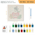 Apple Stack Friends punch needle kit, 16 × 16 in (40 × 40 cm): canvas size and kit contents