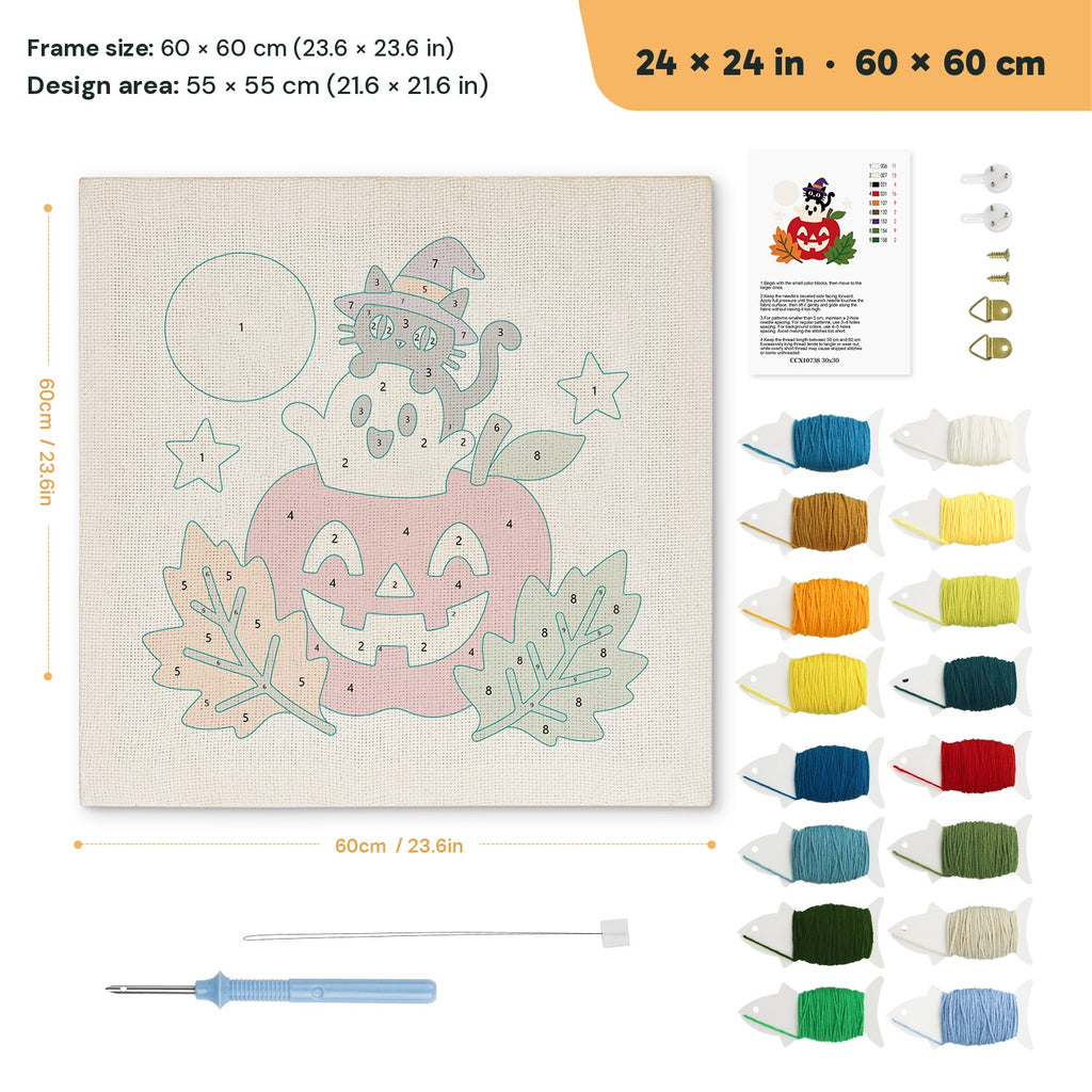 Apple Stack Friends punch needle kit, 24 × 24 in (60 × 60 cm): canvas size and kit contents
