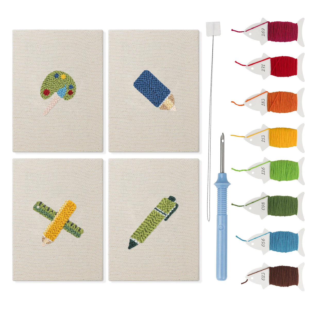 Art Class Palette mini punch needle kit set: four finished canvases with threads, punch needle and threader