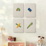 The four Art Class Palette mini canvases on a wall above a shelf