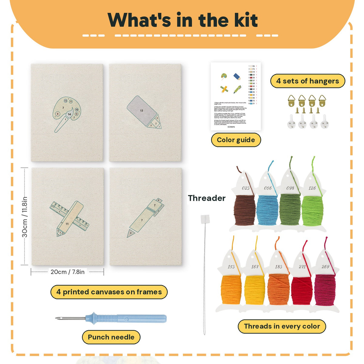 What is in the Art Class Palette set, 8 × 12 in (20 × 30 cm) each: 4 printed canvases, punch needle, threader, threads, color guide and 4 sets of hangers