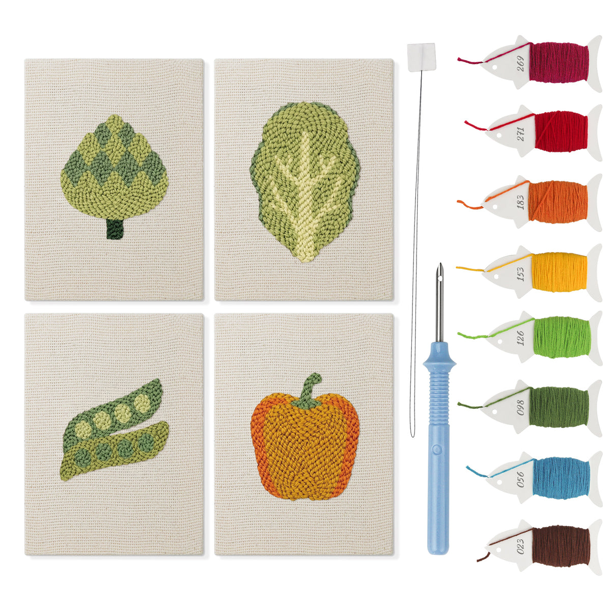 Artichoke and Peas mini punch needle kit set: four finished canvases with threads, punch needle and threader