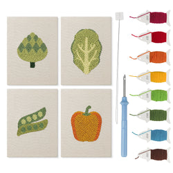 Artichoke and Peas mini punch needle kit set: four finished canvases with threads, punch needle and threader