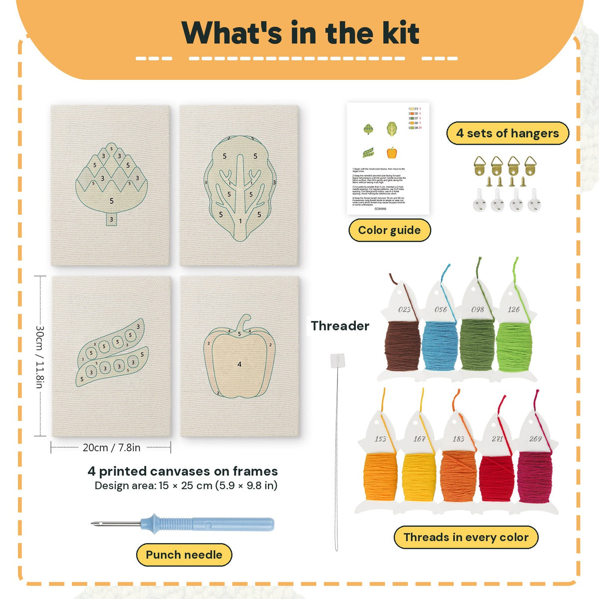 What is in the Artichoke and Peas set, 8 × 12 in (20 × 30 cm) each: 4 printed canvases, punch needle, threader, threads, color guide and 4 sets of hangers