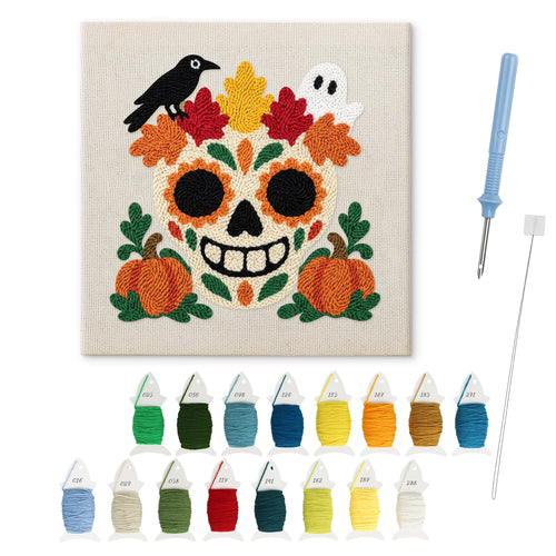 Autumn Leaf Sugar Skull punch needle kit: finished canvas with threads, punch needle and threader
