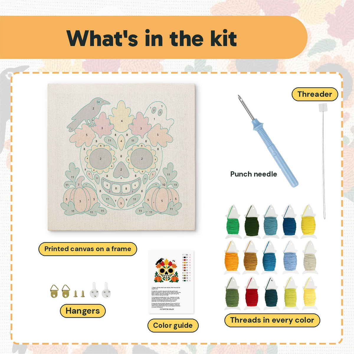 What is in the Autumn Leaf Sugar Skull kit: printed canvas, punch needle, threader, threads, color guide and hangers