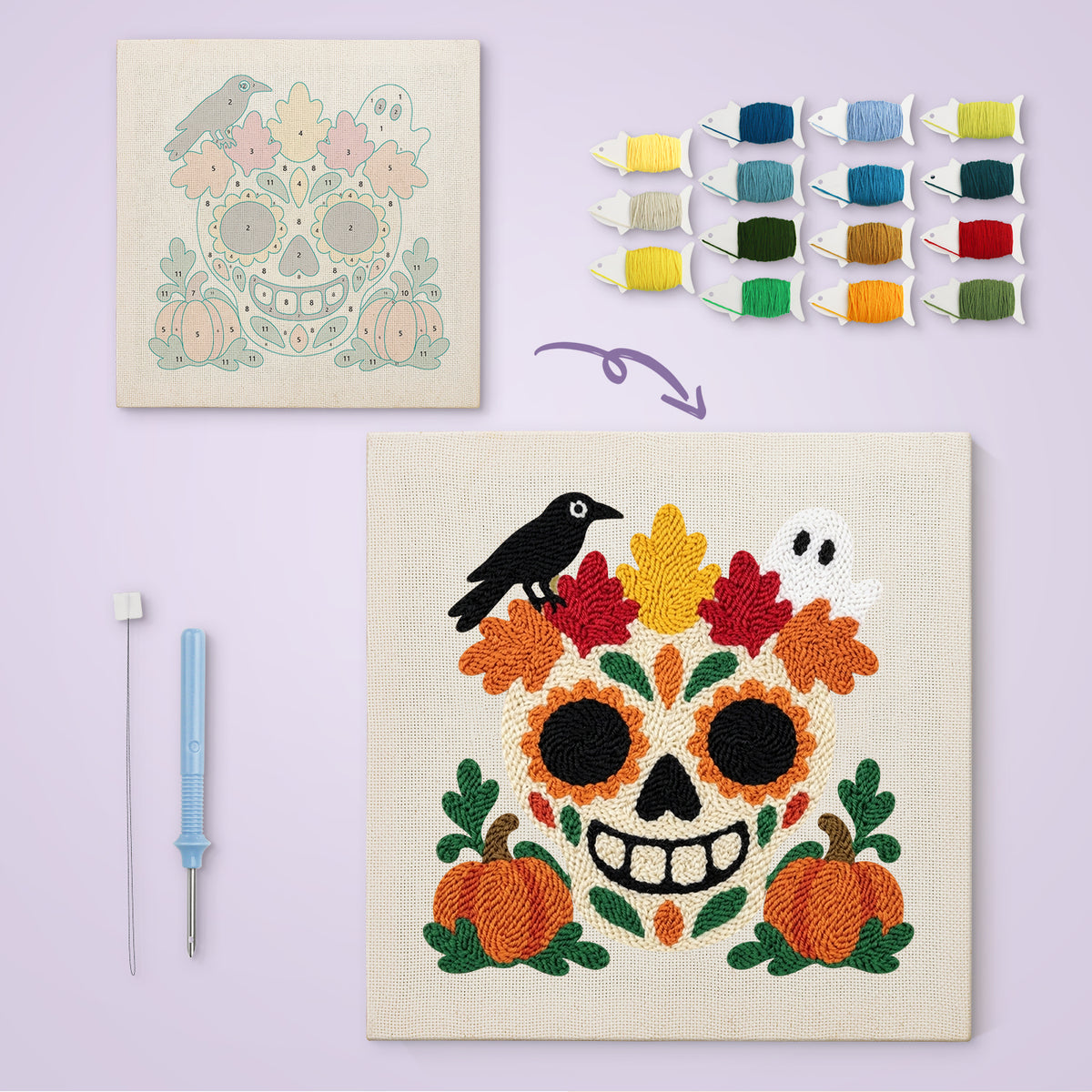 Autumn Leaf Sugar Skull canvas before and after punching, with the threads and tools