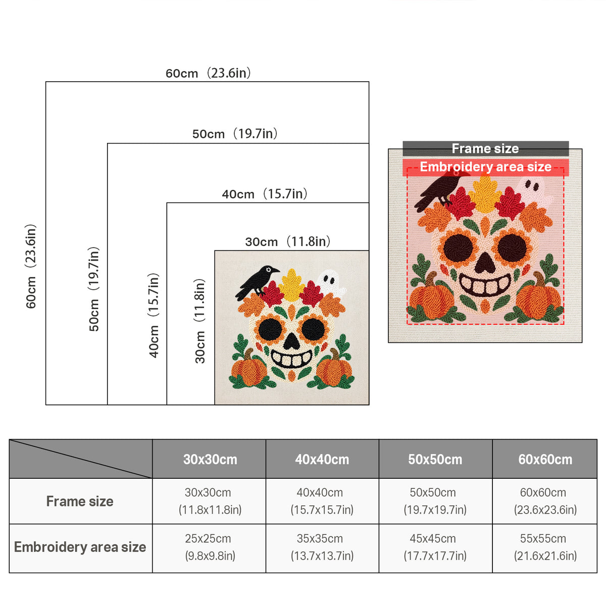 Size chart for square punch needle kits from 30 x 30 cm to 60 x 60 cm