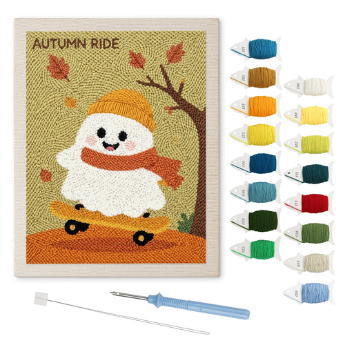 Autumn Ride Ghost punch needle kit: finished canvas with threads, punch needle and threader