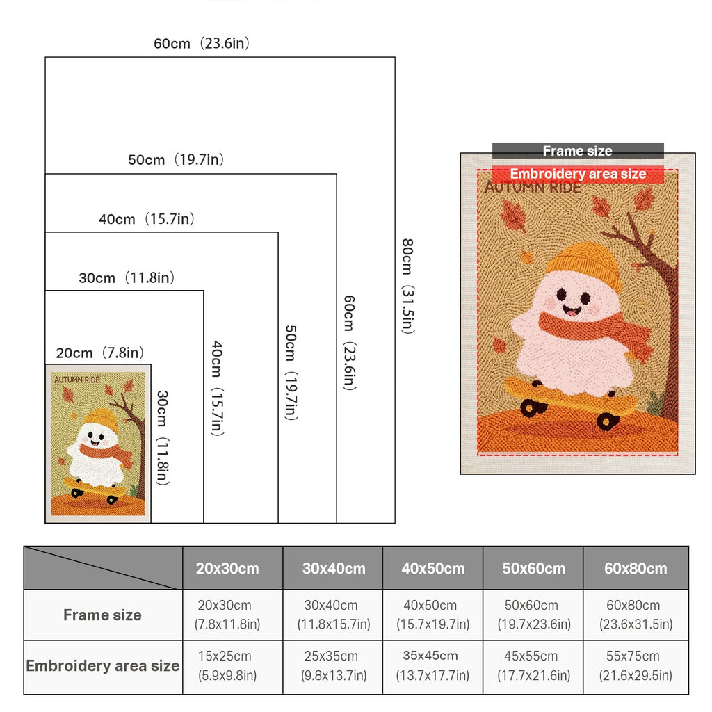 Size chart for punch needle kits from 20 x 30 cm to 60 x 80 cm