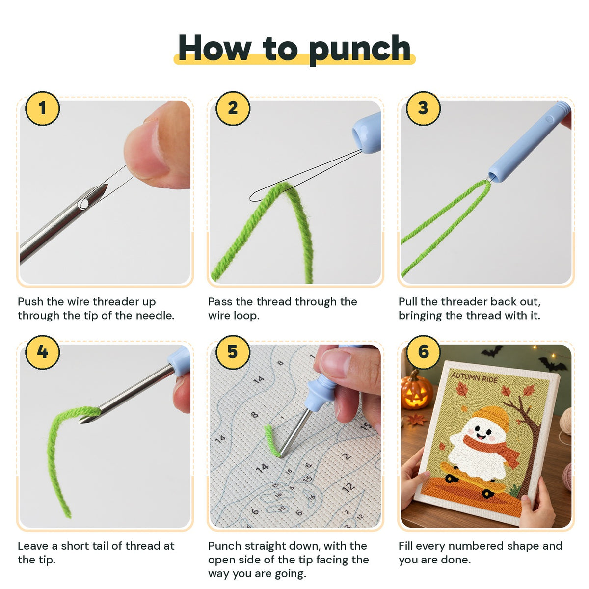 Six steps showing how to thread and use the punch needle