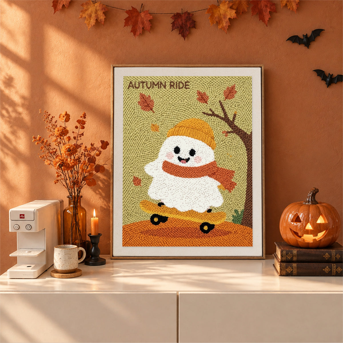 Finished Autumn Ride Ghost punch needle canvas on a wall