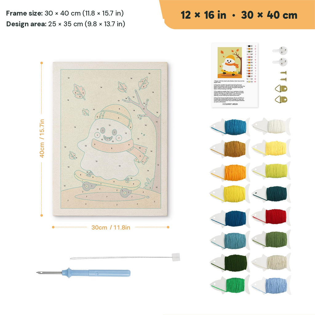 Autumn Ride Ghost punch needle kit, 12 × 16 in (30 × 40 cm): canvas size and kit contents