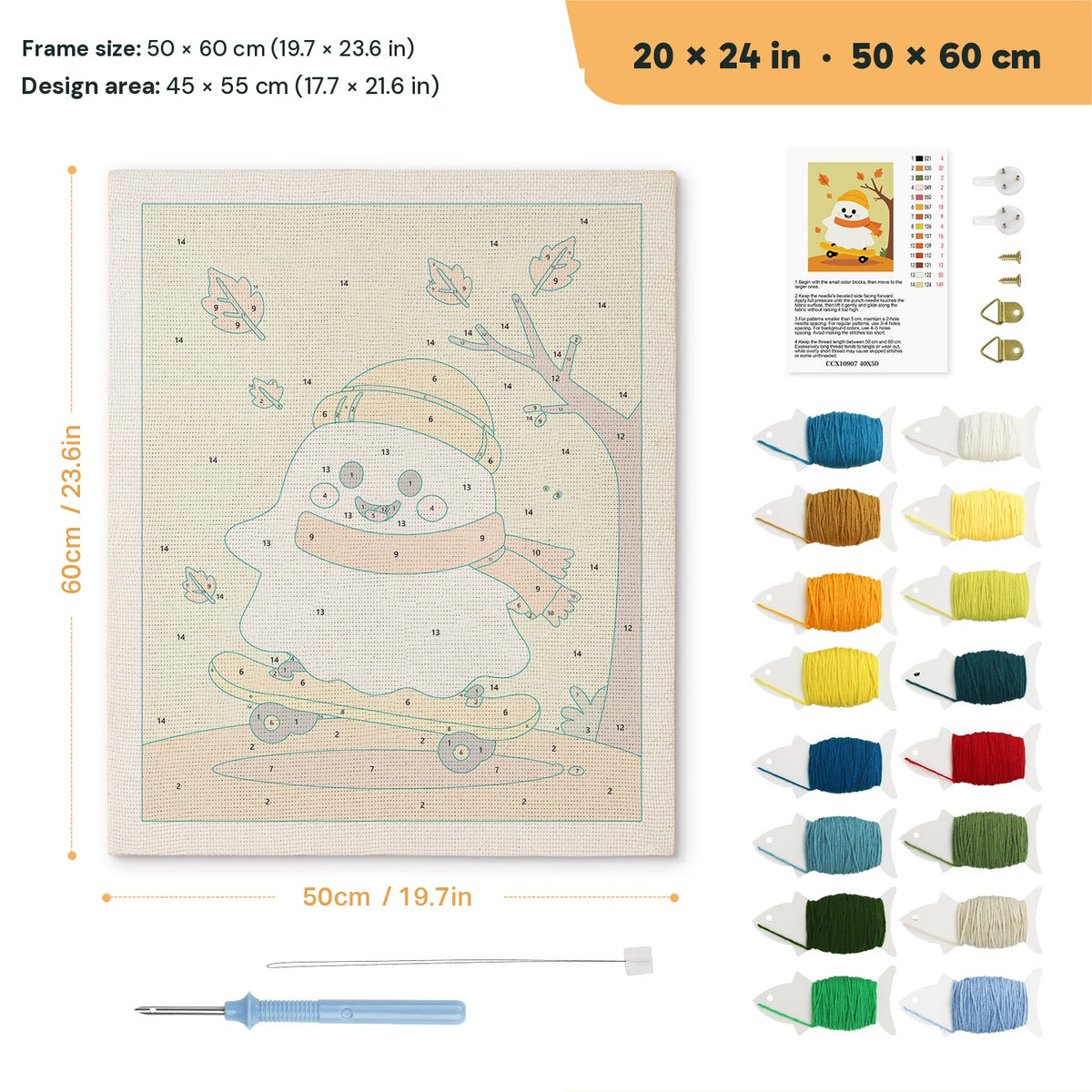 Autumn Ride Ghost punch needle kit, 20 × 24 in (50 × 60 cm): canvas size and kit contents