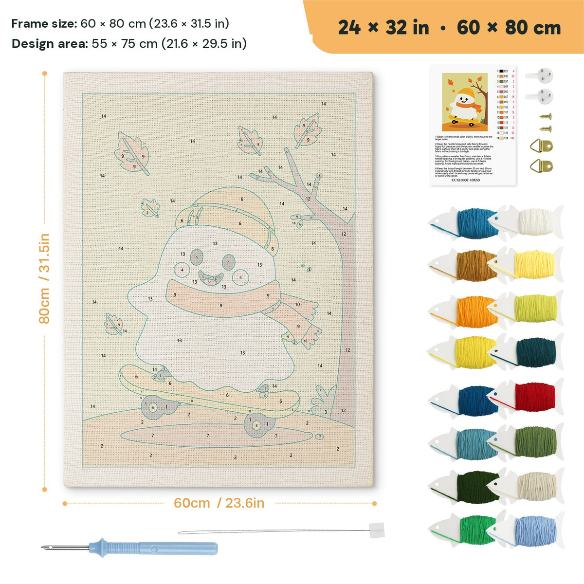 Autumn Ride Ghost punch needle kit, 24 × 32 in (60 × 80 cm): canvas size and kit contents