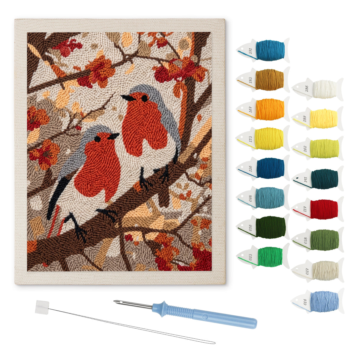 Autumn Robins punch needle kit: finished canvas with threads, punch needle and threader
