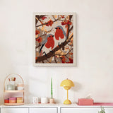 Finished Autumn Robins punch needle canvas on a wall