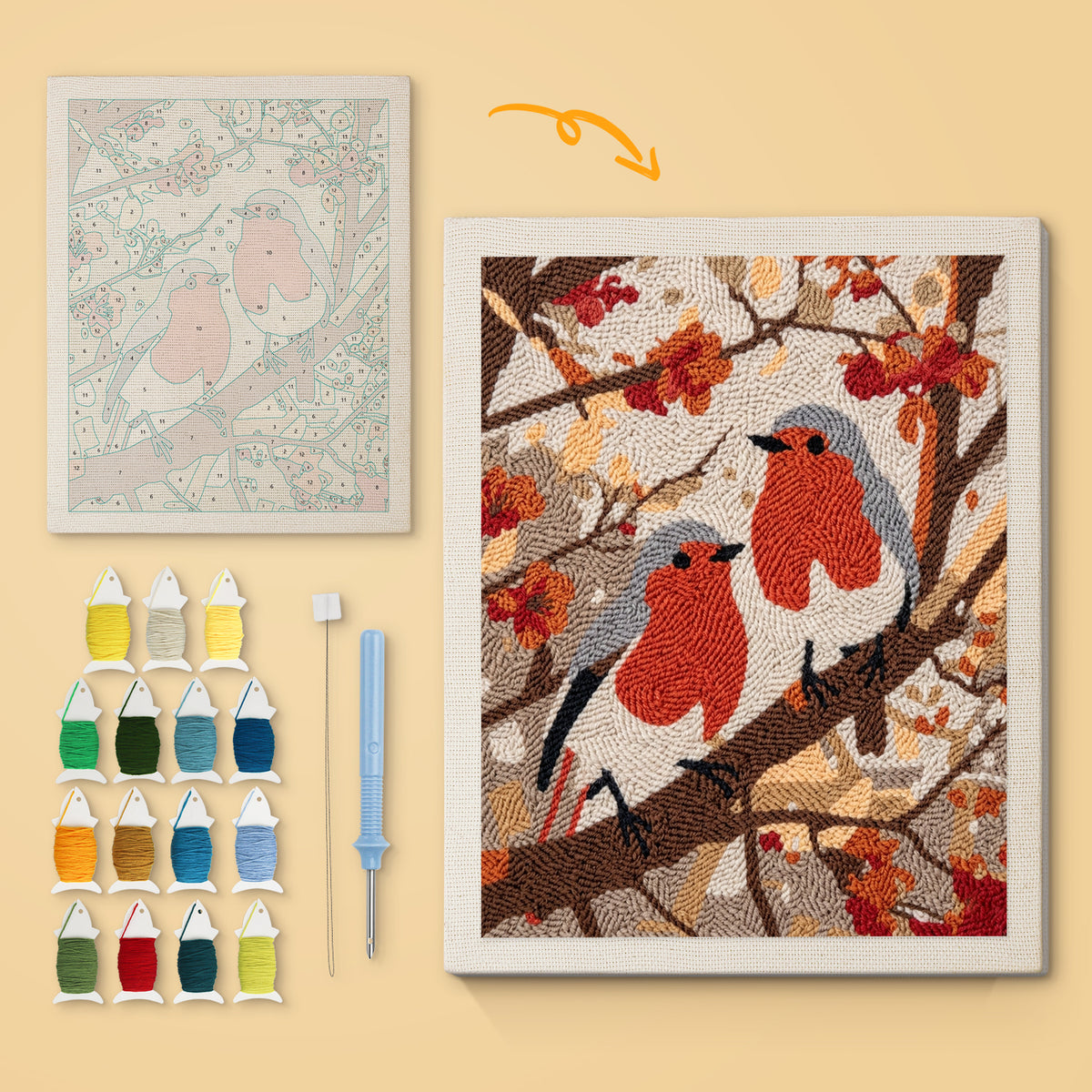 Autumn Robins canvas before and after punching, with the threads and tools