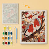 Autumn Robins canvas before and after punching, with the threads and tools