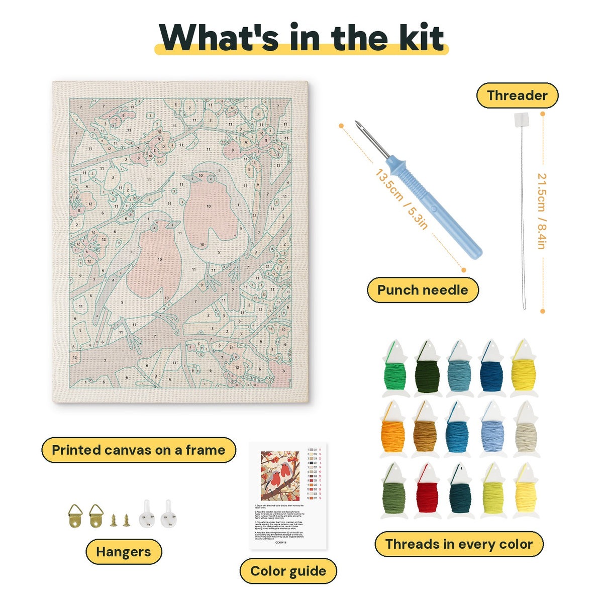 What is in the Autumn Robins kit: printed canvas, punch needle, threader, threads, color guide and hangers