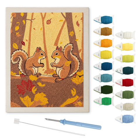 Autumn Squirrels punch needle kit: finished canvas with threads, punch needle and threader