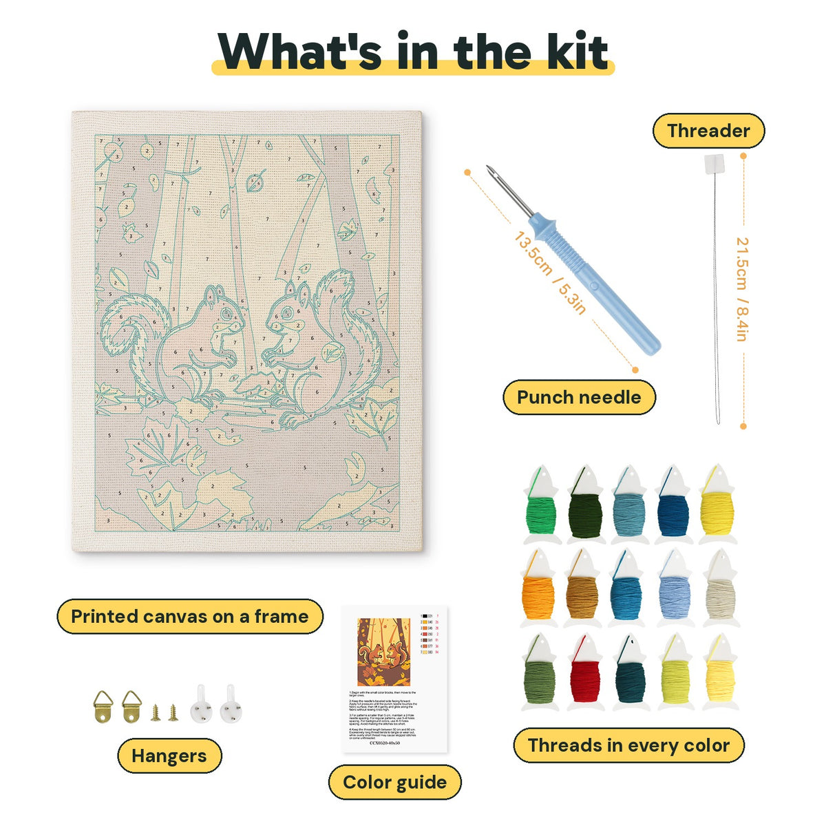What is in the Autumn Squirrels kit: printed canvas, punch needle, threader, threads, color guide and hangers