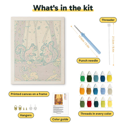 What is in the Autumn Squirrels kit: printed canvas, punch needle, threader, threads, color guide and hangers