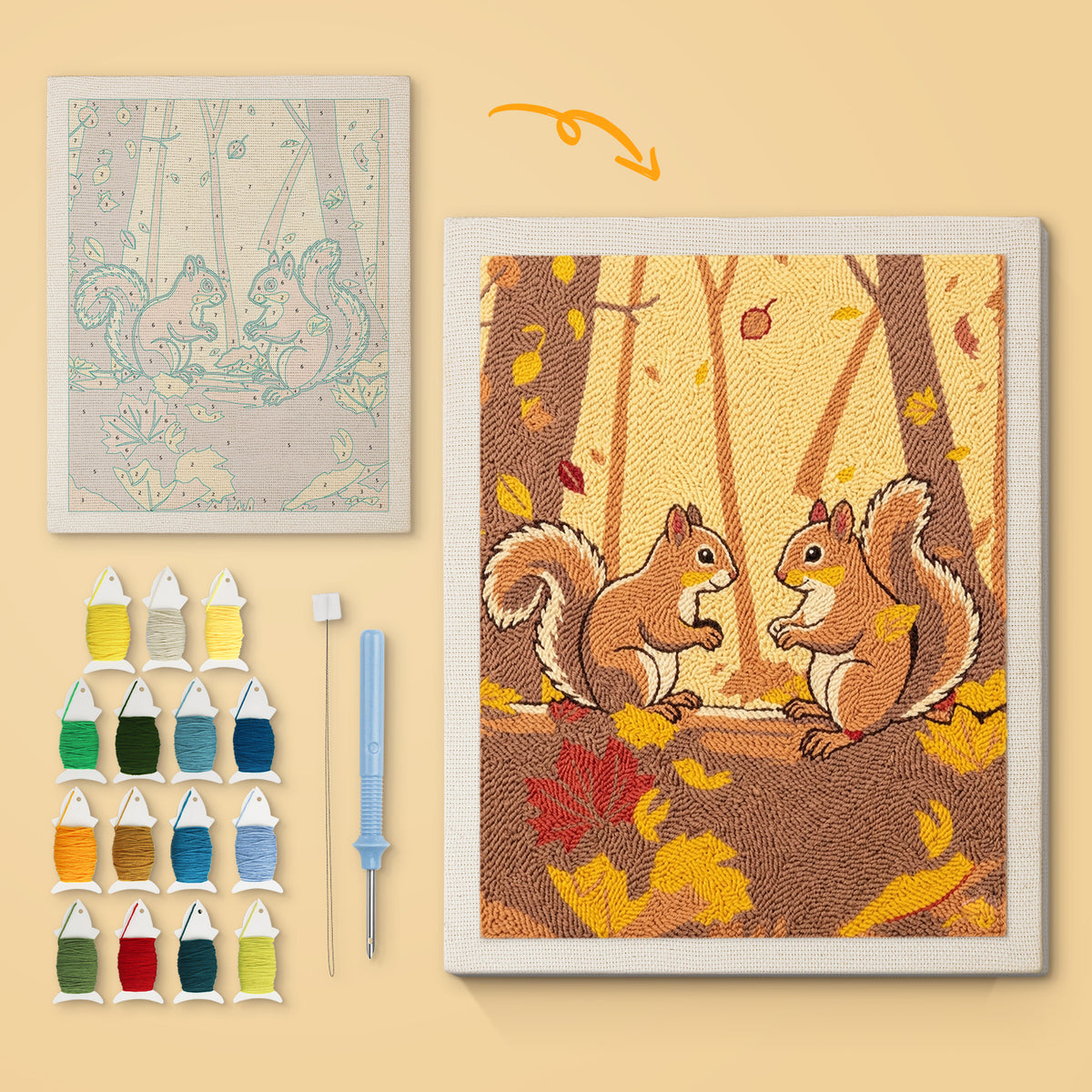 Autumn Squirrels canvas before and after punching, with the threads and tools