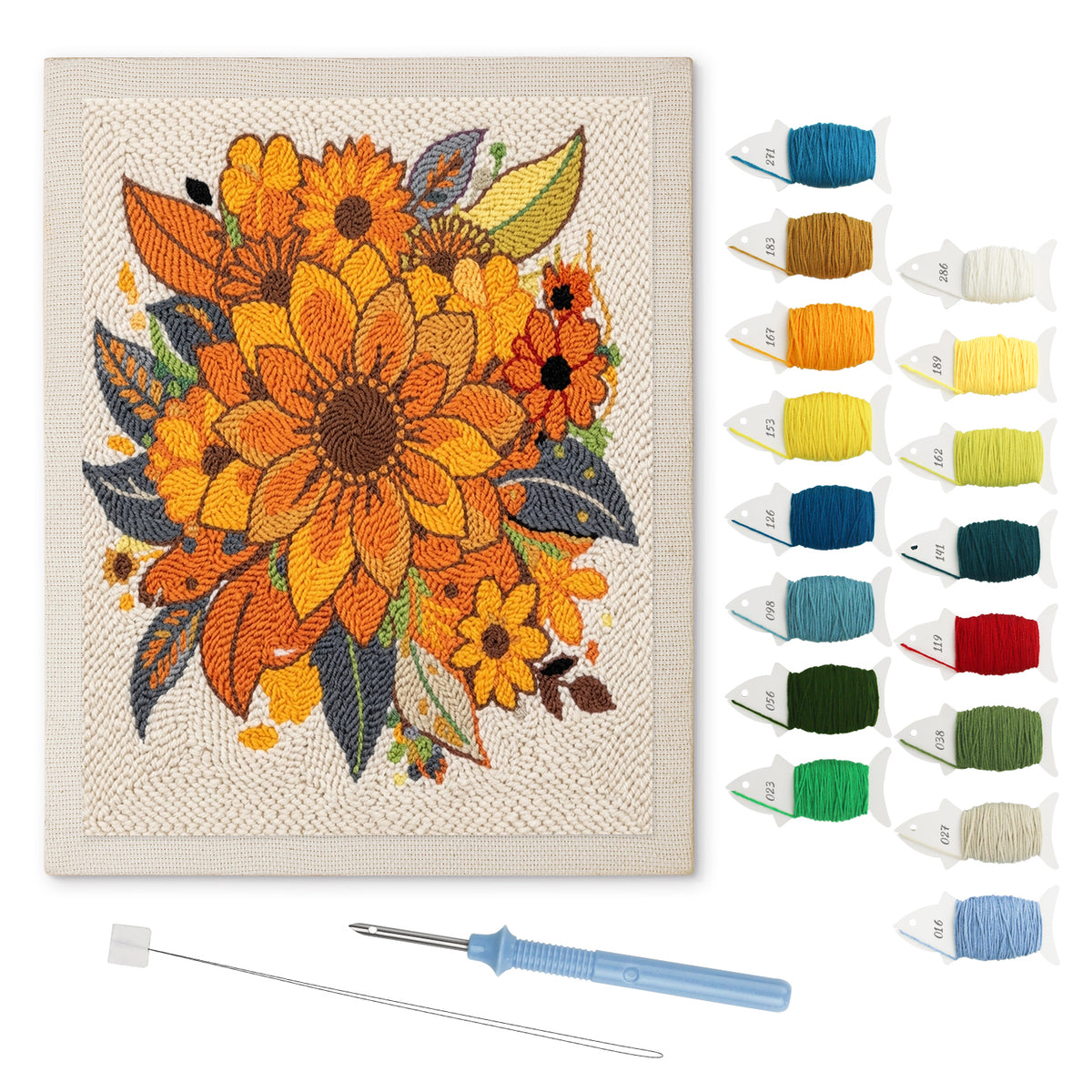 Autumn Sunflowers punch needle kit: finished canvas with threads, punch needle and threader