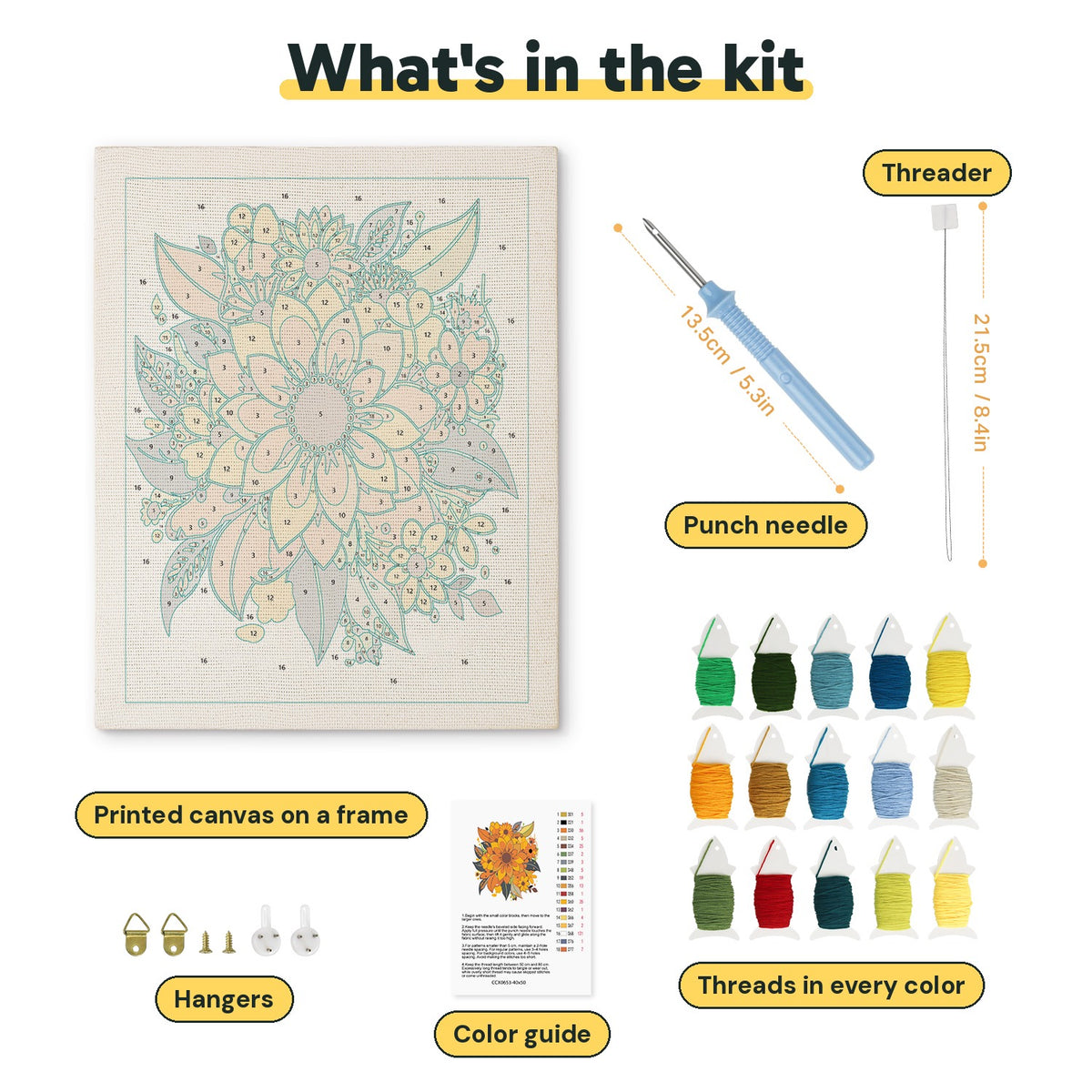 What is in the Autumn Sunflowers kit: printed canvas, punch needle, threader, threads, color guide and hangers