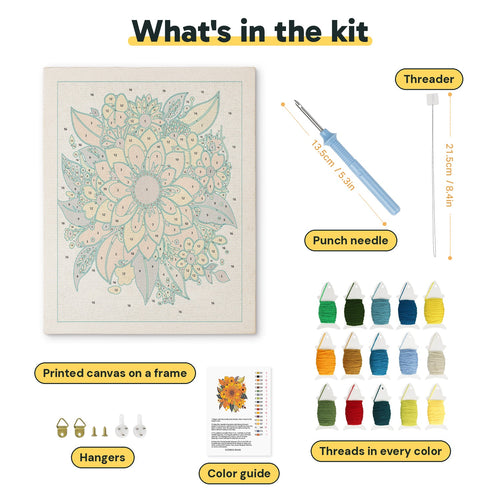 What is in the Autumn Sunflowers kit: printed canvas, punch needle, threader, threads, color guide and hangers