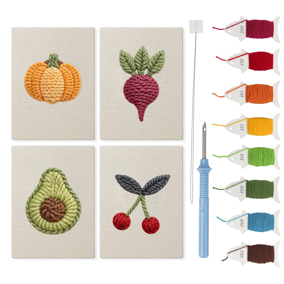 Avocado and Cherries mini punch needle kit set: four finished canvases with threads, punch needle and threader